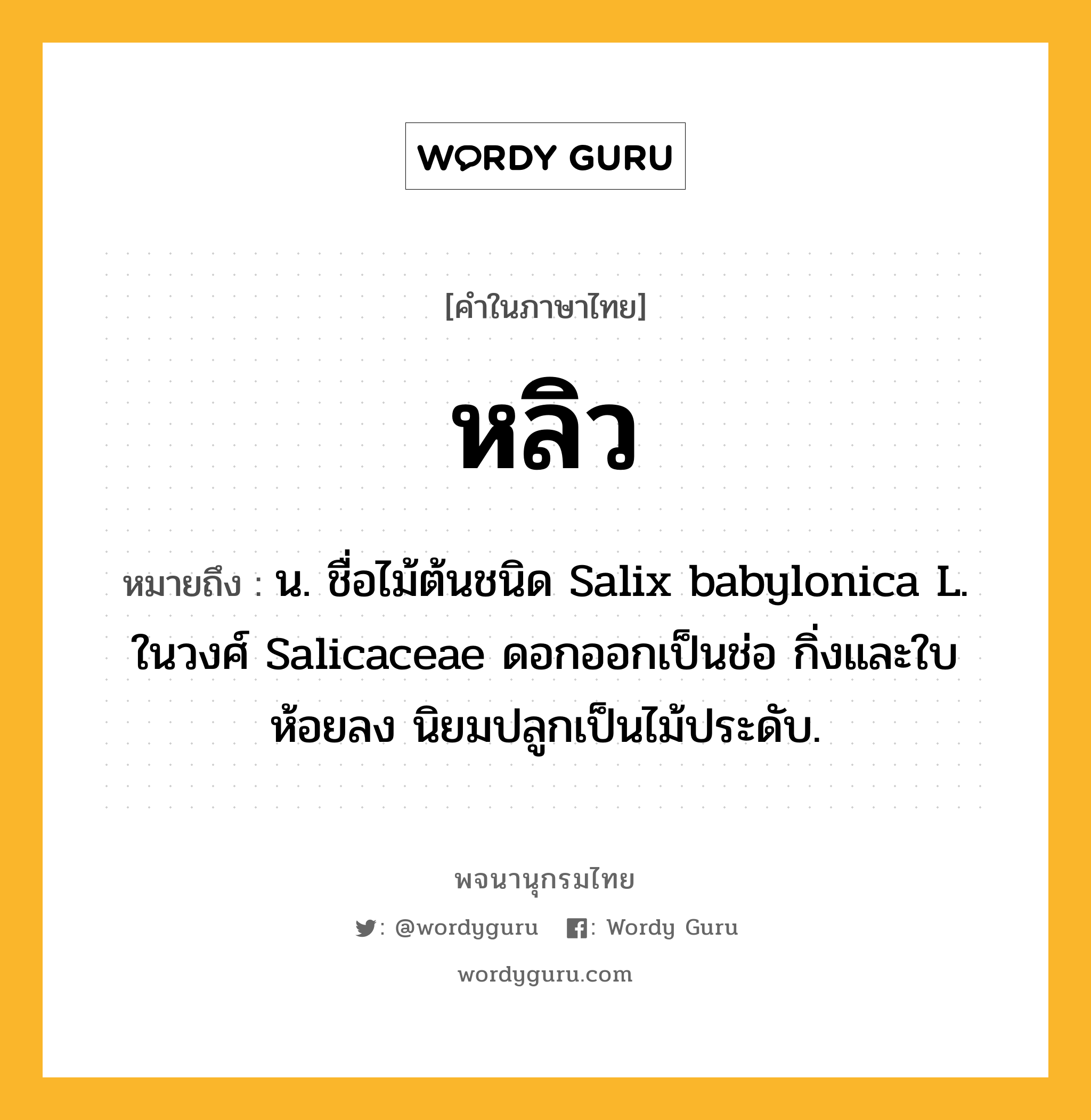 หลิว ความหมาย หมายถึงอะไร?, คำในภาษาไทย หลิว หมายถึง น. ชื่อไม้ต้นชนิด Salix babylonica L. ในวงศ์ Salicaceae ดอกออกเป็นช่อ กิ่งและใบห้อยลง นิยมปลูกเป็นไม้ประดับ.