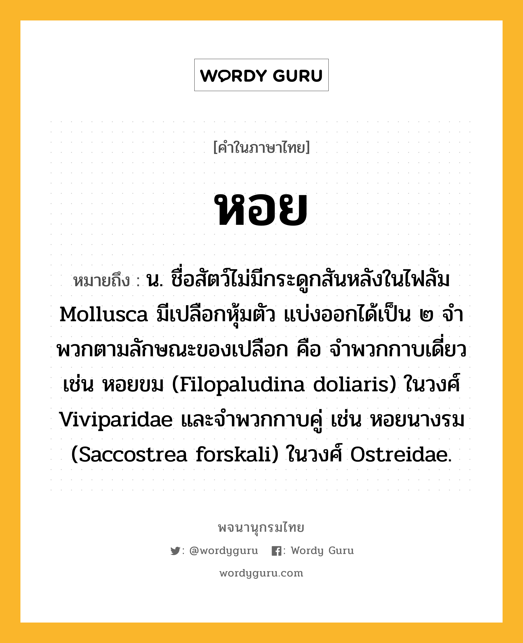 หอย ความหมาย หมายถึงอะไร?, คำในภาษาไทย หอย หมายถึง น. ชื่อสัตว์ไม่มีกระดูกสันหลังในไฟลัม Mollusca มีเปลือกหุ้มตัว แบ่งออกได้เป็น ๒ จําพวกตามลักษณะของเปลือก คือ จําพวกกาบเดี่ยว เช่น หอยขม (Filopaludina doliaris) ในวงศ์ Viviparidae และจําพวกกาบคู่ เช่น หอยนางรม (Saccostrea forskali) ในวงศ์ Ostreidae.