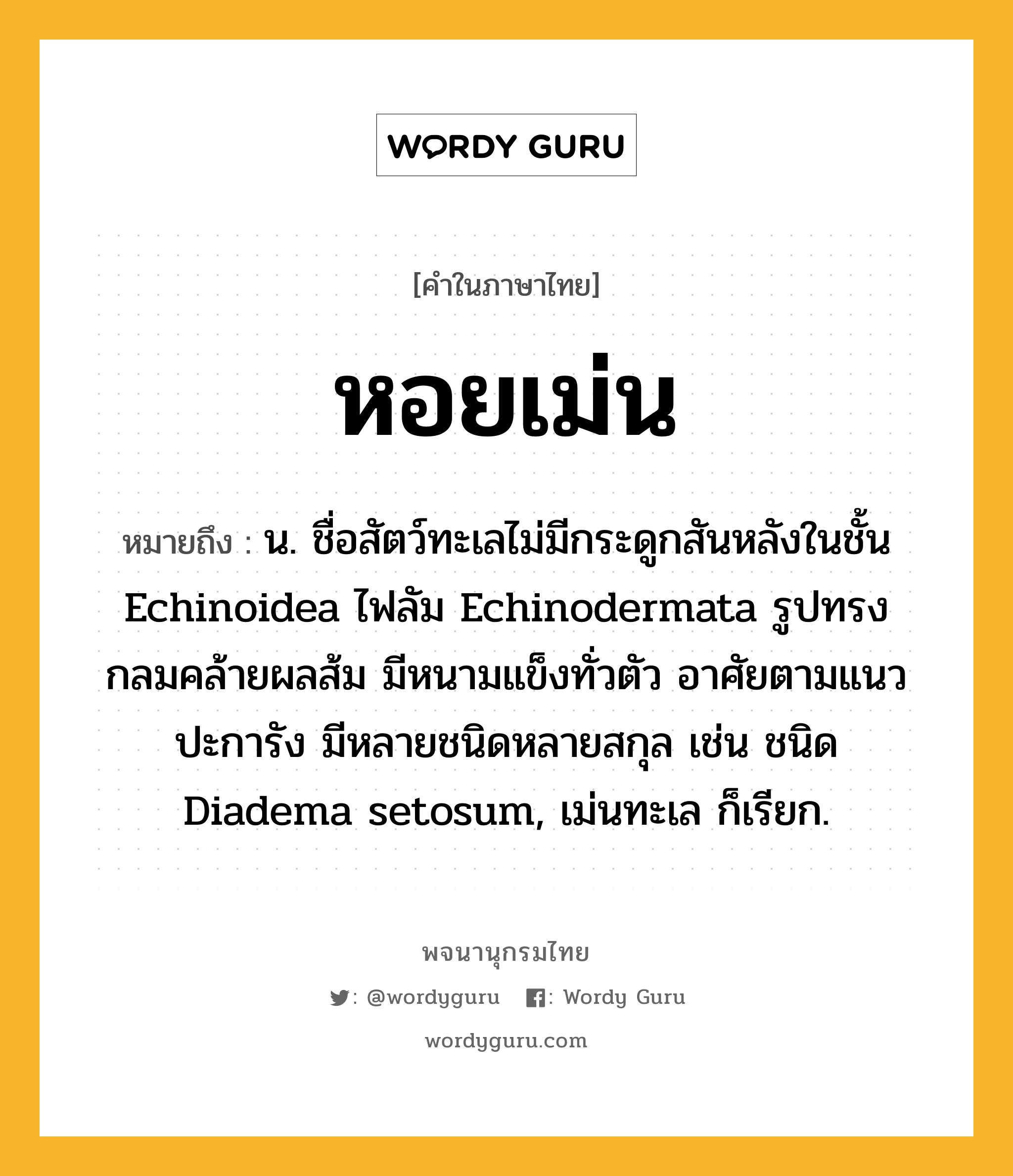 หอยเม่น ความหมาย หมายถึงอะไร?, คำในภาษาไทย หอยเม่น หมายถึง น. ชื่อสัตว์ทะเลไม่มีกระดูกสันหลังในชั้น Echinoidea ไฟลัม Echinodermata รูปทรงกลมคล้ายผลส้ม มีหนามแข็งทั่วตัว อาศัยตามแนวปะการัง มีหลายชนิดหลายสกุล เช่น ชนิด Diadema setosum, เม่นทะเล ก็เรียก.