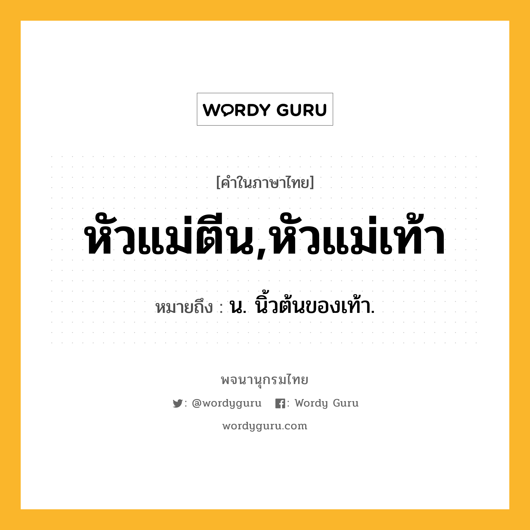 หัวแม่ตีน,หัวแม่เท้า ความหมาย หมายถึงอะไร?, คำในภาษาไทย หัวแม่ตีน,หัวแม่เท้า หมายถึง น. นิ้วต้นของเท้า.