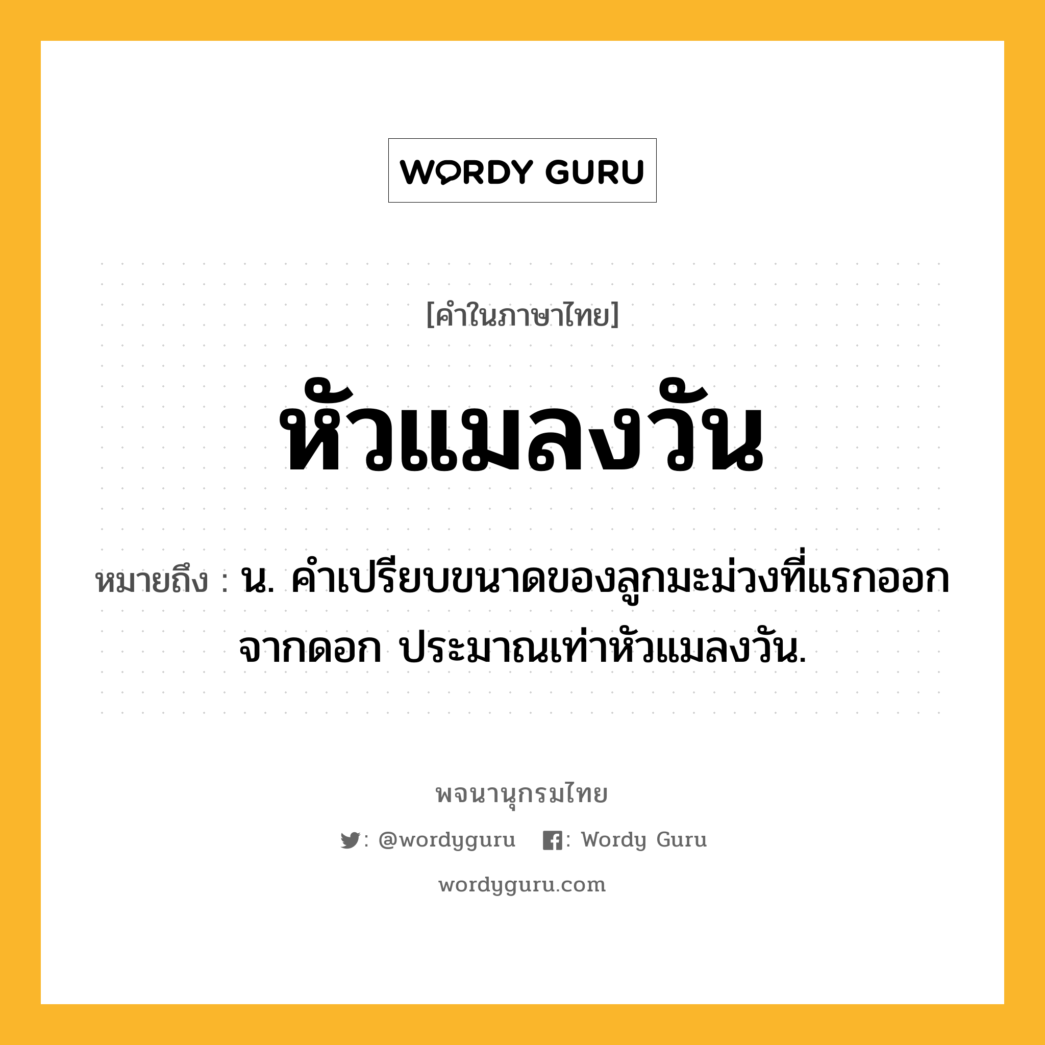 หัวแมลงวัน ความหมาย หมายถึงอะไร?, คำในภาษาไทย หัวแมลงวัน หมายถึง น. คำเปรียบขนาดของลูกมะม่วงที่แรกออกจากดอก ประมาณเท่าหัวแมลงวัน.