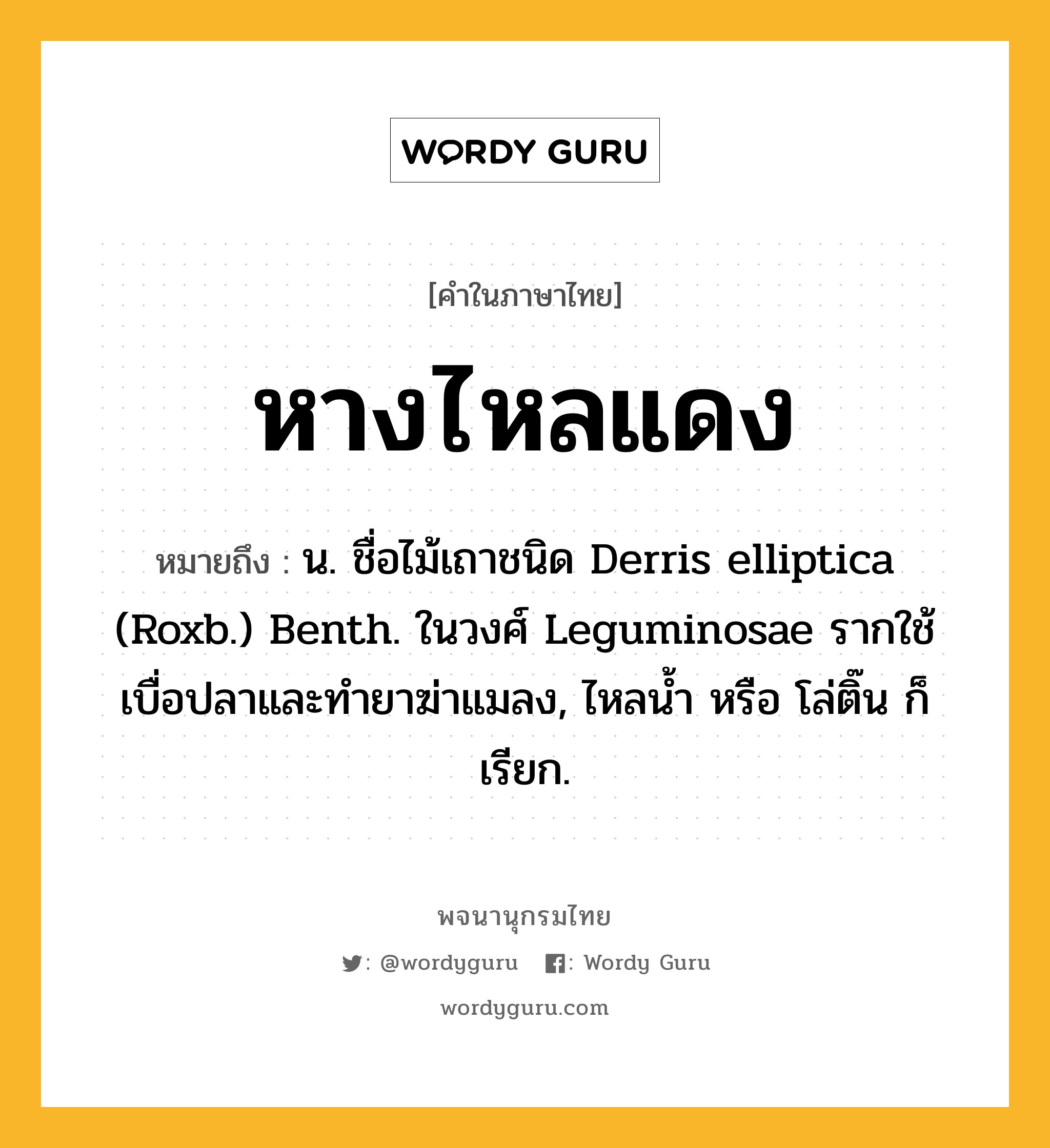 หางไหลแดง ความหมาย หมายถึงอะไร?, คำในภาษาไทย หางไหลแดง หมายถึง น. ชื่อไม้เถาชนิด Derris elliptica (Roxb.) Benth. ในวงศ์ Leguminosae รากใช้เบื่อปลาและทํายาฆ่าแมลง, ไหลนํ้า หรือ โล่ติ๊น ก็เรียก.