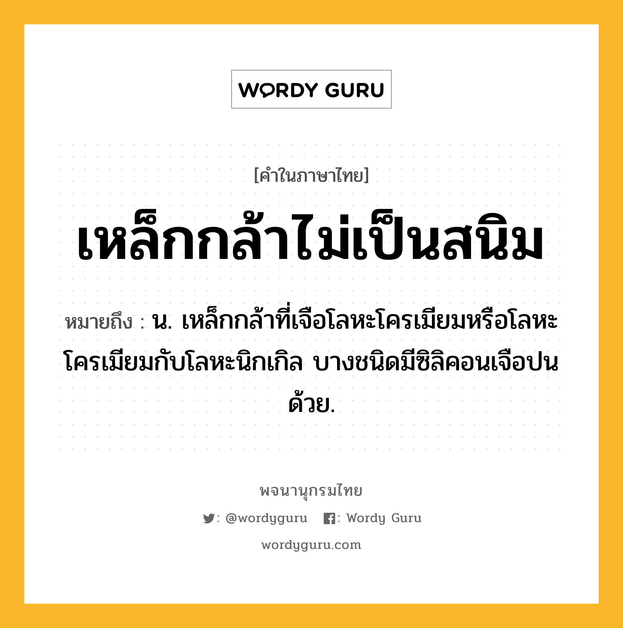 เหล็กกล้าไม่เป็นสนิม ความหมาย หมายถึงอะไร?, คำในภาษาไทย เหล็กกล้าไม่เป็นสนิม หมายถึง น. เหล็กกล้าที่เจือโลหะโครเมียมหรือโลหะโครเมียมกับโลหะนิกเกิล บางชนิดมีซิลิคอนเจือปนด้วย.