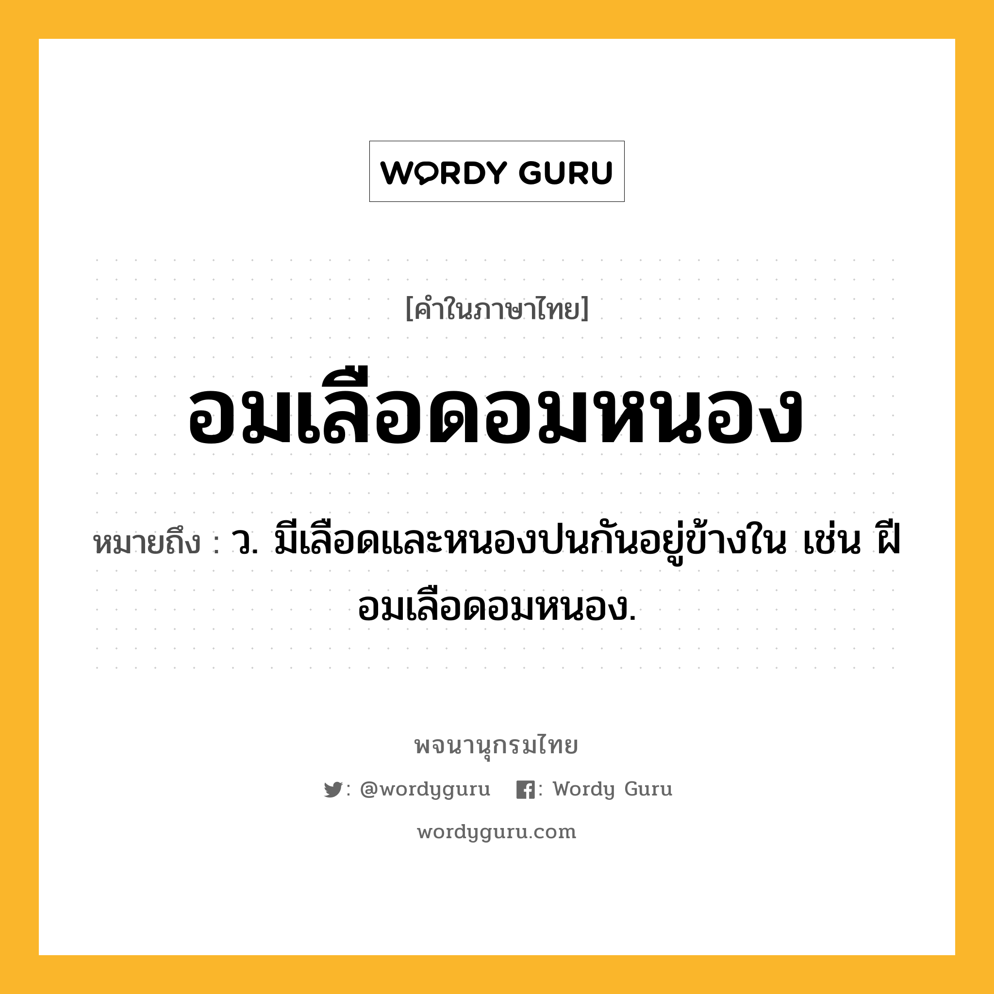 อมเลือดอมหนอง ความหมาย หมายถึงอะไร?, คำในภาษาไทย อมเลือดอมหนอง หมายถึง ว. มีเลือดและหนองปนกันอยู่ข้างใน เช่น ฝีอมเลือดอมหนอง.