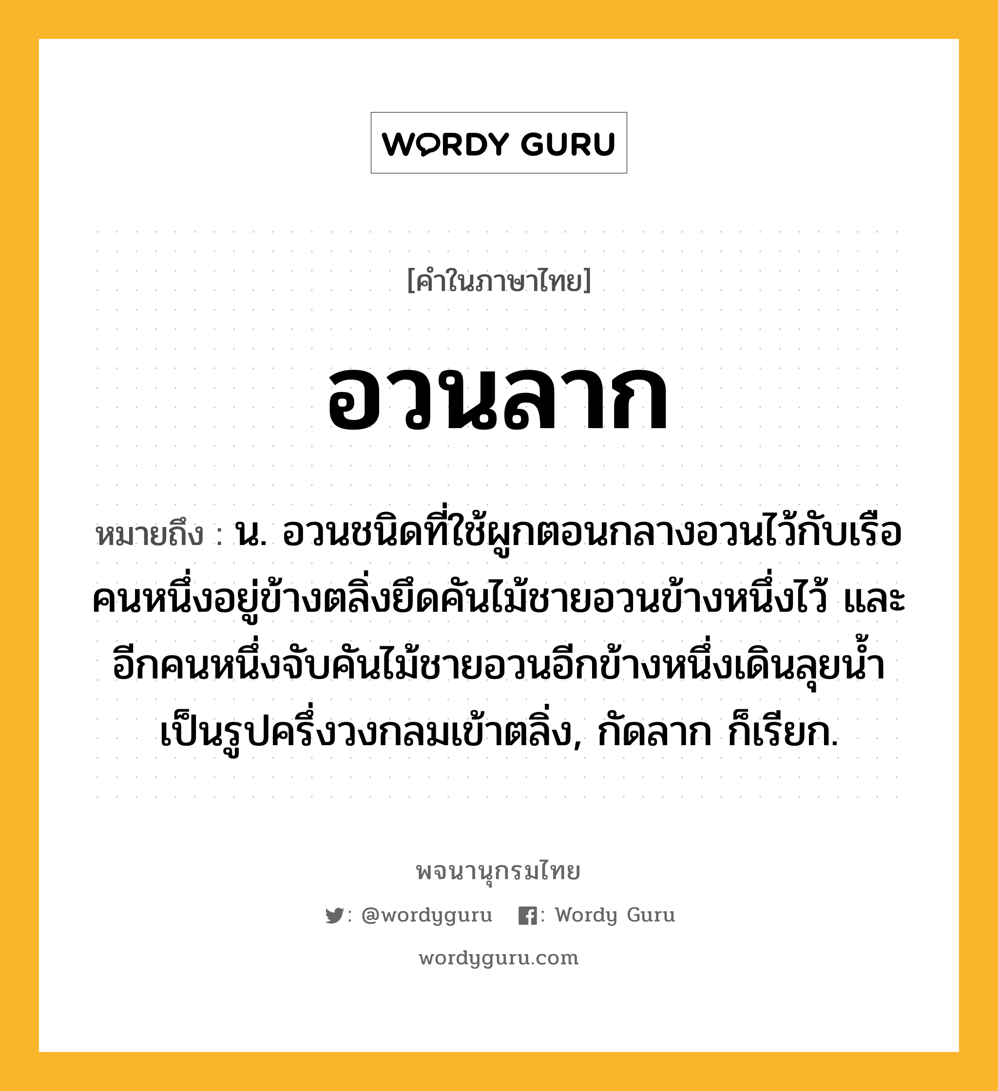 อวนลาก ความหมาย หมายถึงอะไร?, คำในภาษาไทย อวนลาก หมายถึง น. อวนชนิดที่ใช้ผูกตอนกลางอวนไว้กับเรือ คนหนึ่งอยู่ข้างตลิ่งยึดคันไม้ชายอวนข้างหนึ่งไว้ และอีกคนหนึ่งจับคันไม้ชายอวนอีกข้างหนึ่งเดินลุยนํ้าเป็นรูปครึ่งวงกลมเข้าตลิ่ง, กัดลาก ก็เรียก.