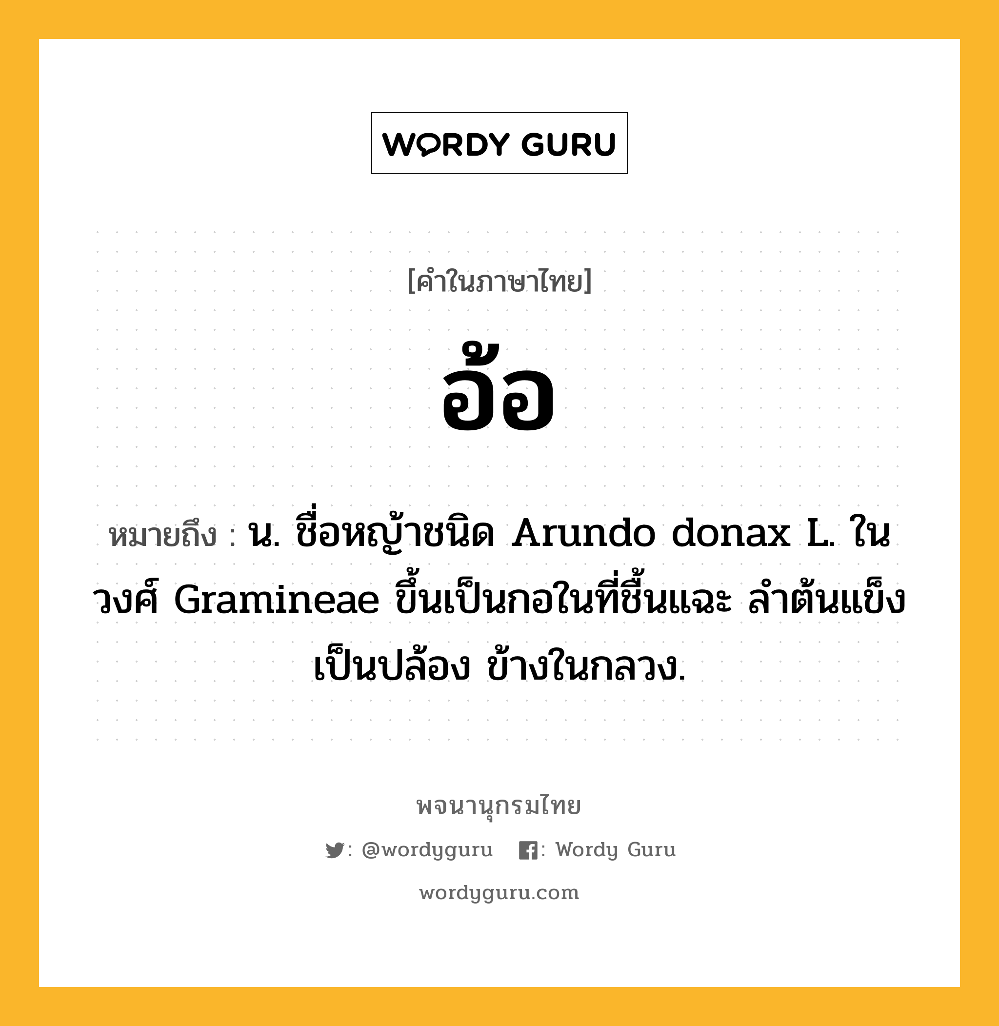 อ้อ ความหมาย หมายถึงอะไร?, คำในภาษาไทย อ้อ หมายถึง น. ชื่อหญ้าชนิด Arundo donax L. ในวงศ์ Gramineae ขึ้นเป็นกอในที่ชื้นแฉะ ลําต้นแข็งเป็นปล้อง ข้างในกลวง.