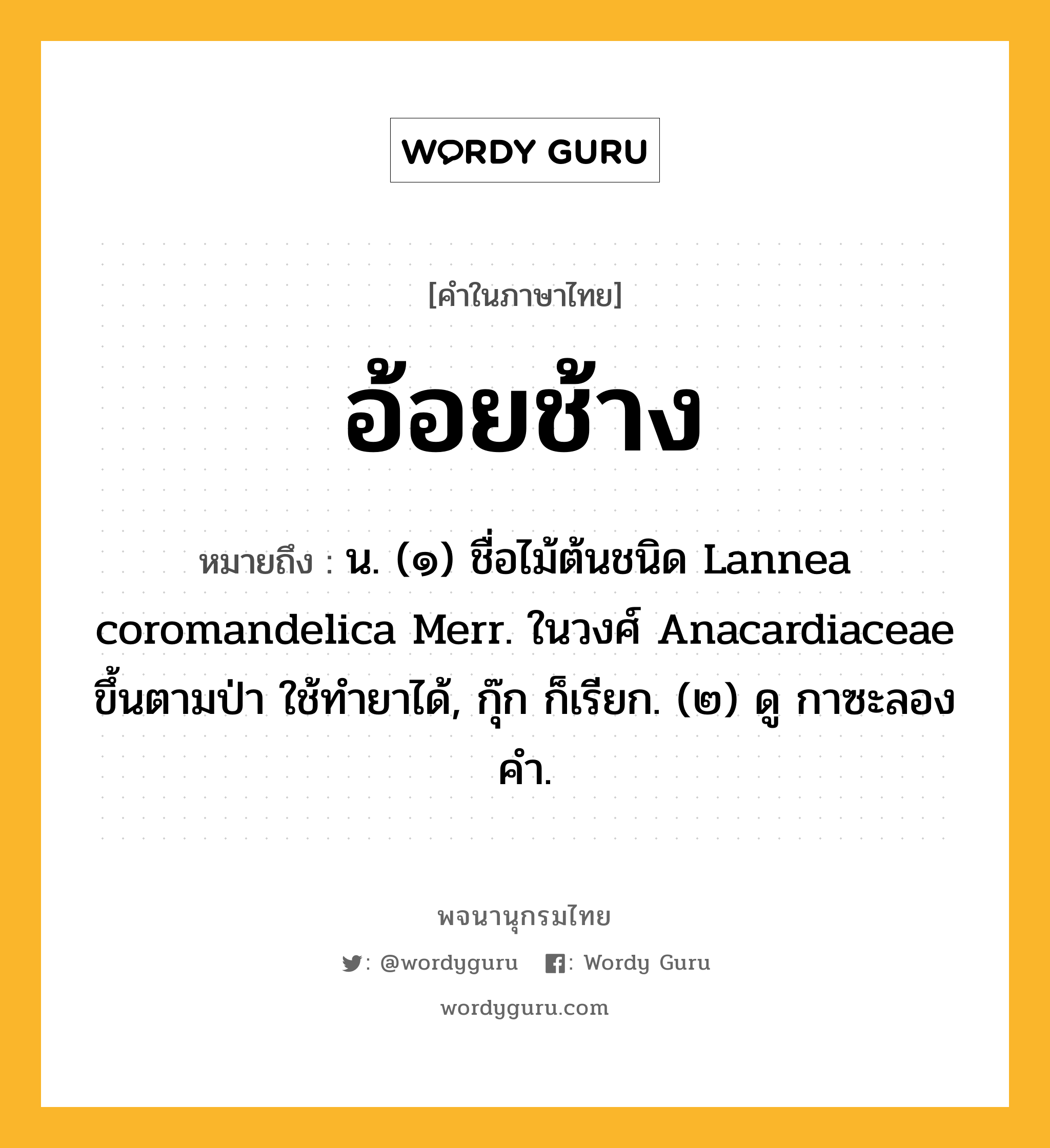 อ้อยช้าง ความหมาย หมายถึงอะไร?, คำในภาษาไทย อ้อยช้าง หมายถึง น. (๑) ชื่อไม้ต้นชนิด Lannea coromandelica Merr. ในวงศ์ Anacardiaceae ขึ้นตามป่า ใช้ทํายาได้, กุ๊ก ก็เรียก. (๒) ดู กาซะลองคํา.