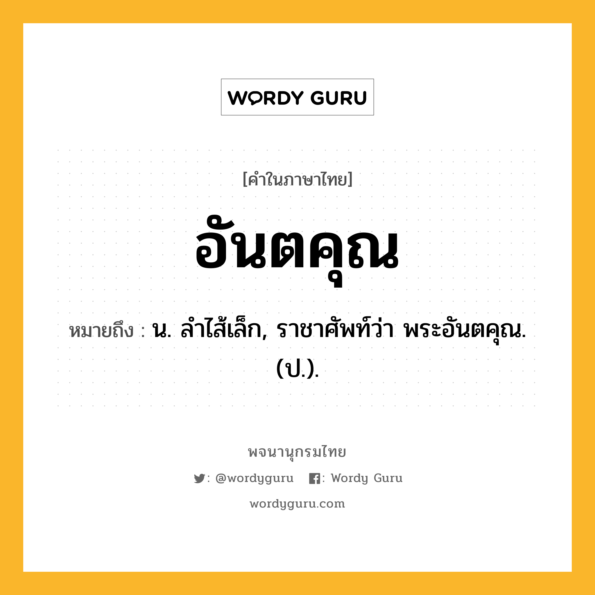 อันตคุณ ความหมาย หมายถึงอะไร?, คำในภาษาไทย อันตคุณ หมายถึง น. ลําไส้เล็ก, ราชาศัพท์ว่า พระอันตคุณ. (ป.).