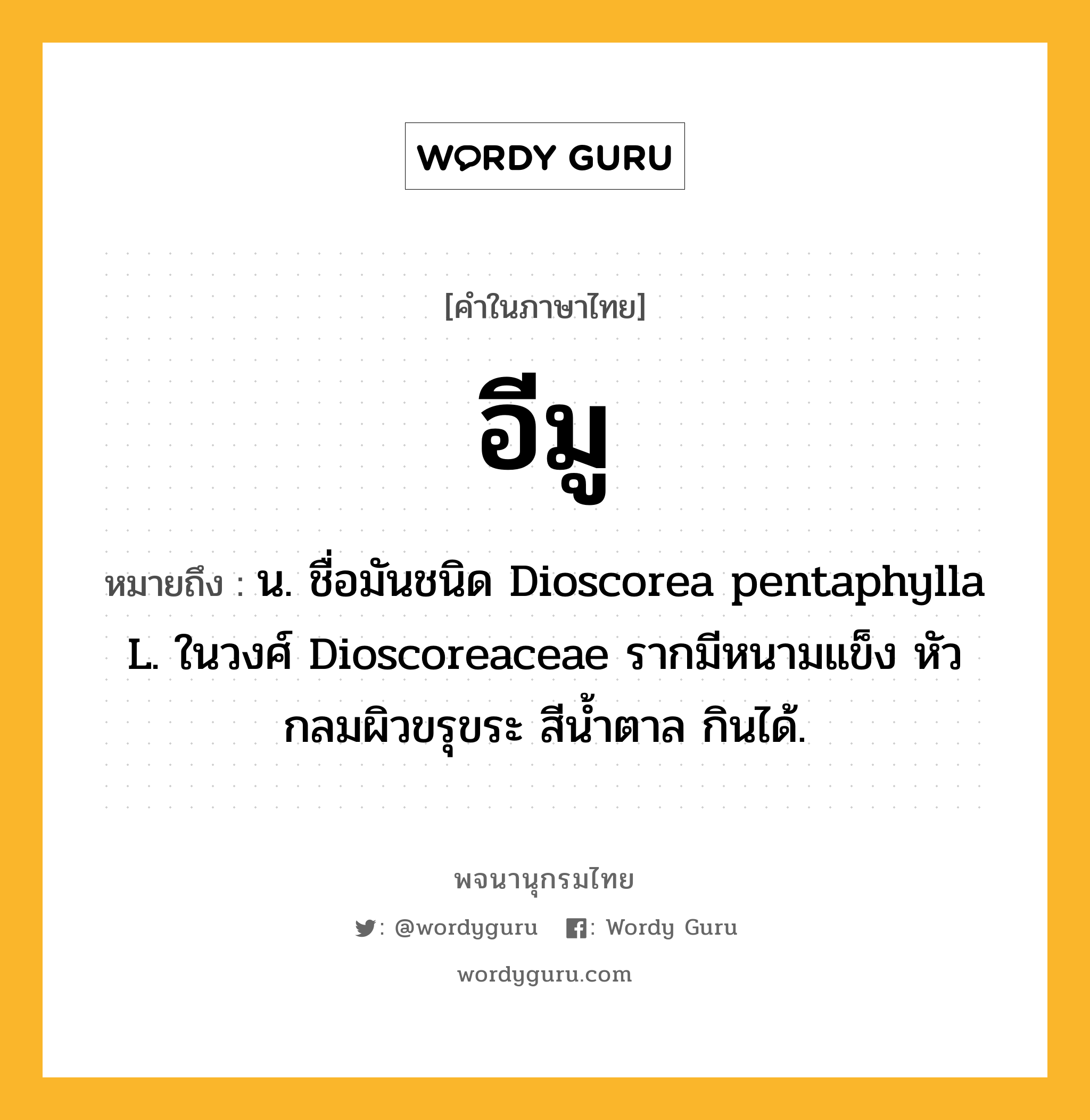 อีมู ความหมาย หมายถึงอะไร?, คำในภาษาไทย อีมู หมายถึง น. ชื่อมันชนิด Dioscorea pentaphylla L. ในวงศ์ Dioscoreaceae รากมีหนามแข็ง หัวกลมผิวขรุขระ สีนํ้าตาล กินได้.