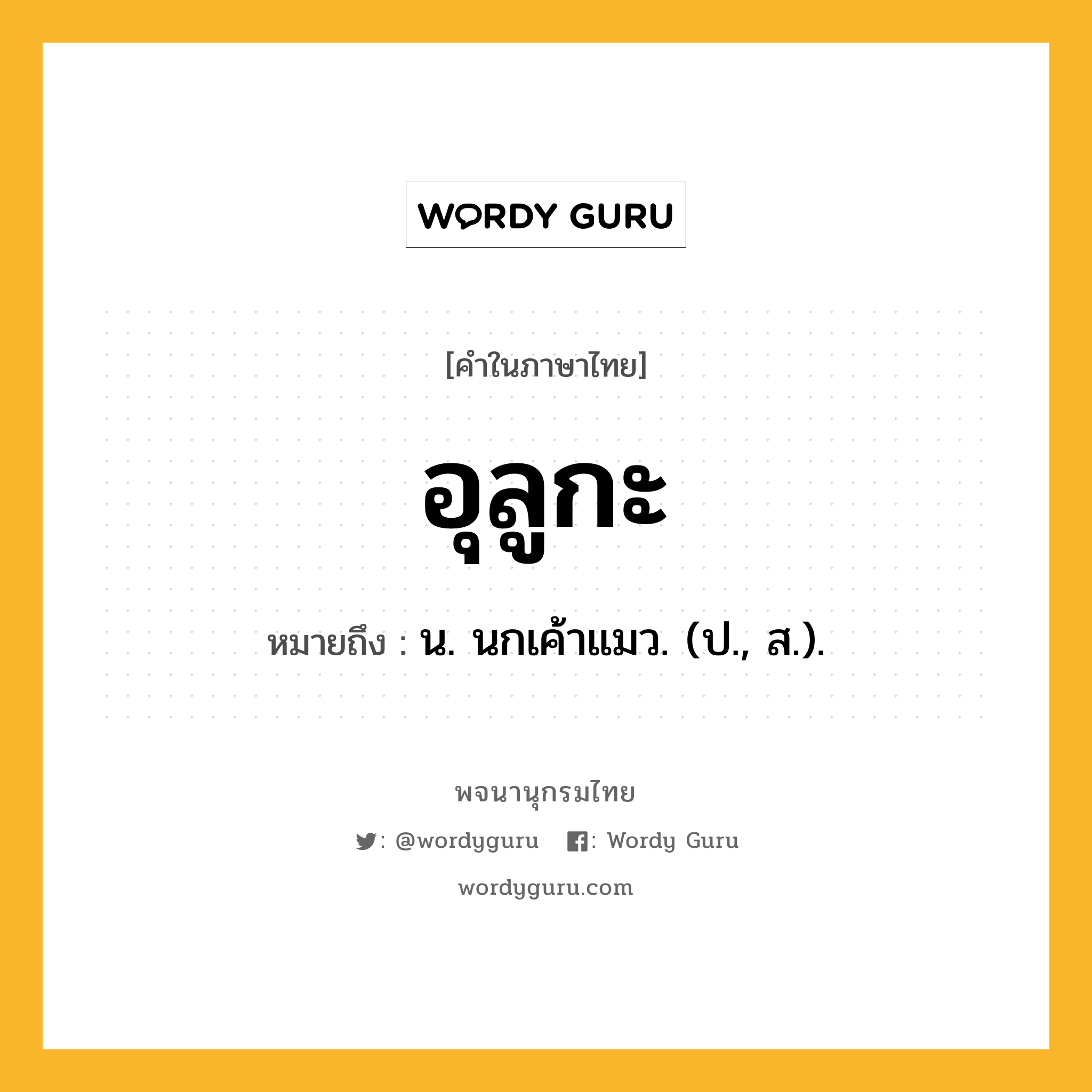 อุลูกะ ความหมาย หมายถึงอะไร?, คำในภาษาไทย อุลูกะ หมายถึง น. นกเค้าแมว. (ป., ส.).