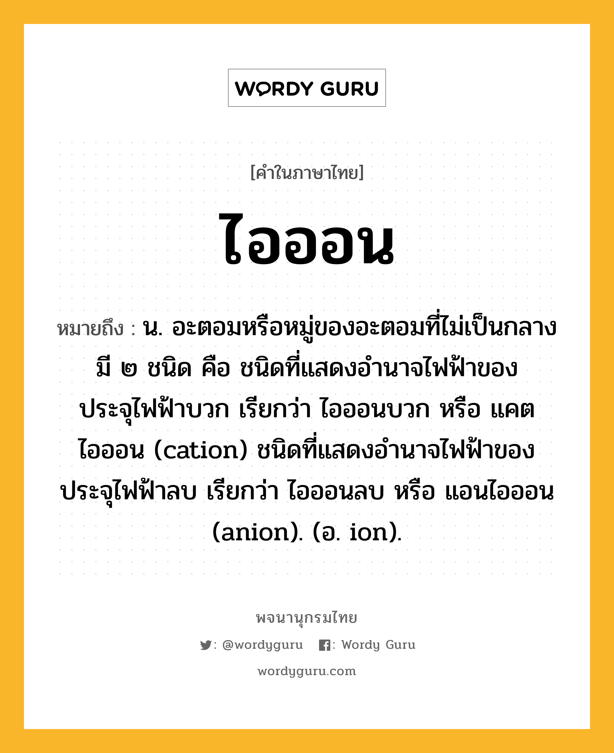 ไอออน ความหมาย หมายถึงอะไร?, คำในภาษาไทย ไอออน หมายถึง น. อะตอมหรือหมู่ของอะตอมที่ไม่เป็นกลาง มี ๒ ชนิด คือ ชนิดที่แสดงอํานาจไฟฟ้าของประจุไฟฟ้าบวก เรียกว่า ไอออนบวก หรือ แคตไอออน (cation) ชนิดที่แสดงอํานาจไฟฟ้าของประจุไฟฟ้าลบ เรียกว่า ไอออนลบ หรือ แอนไอออน (anion). (อ. ion).