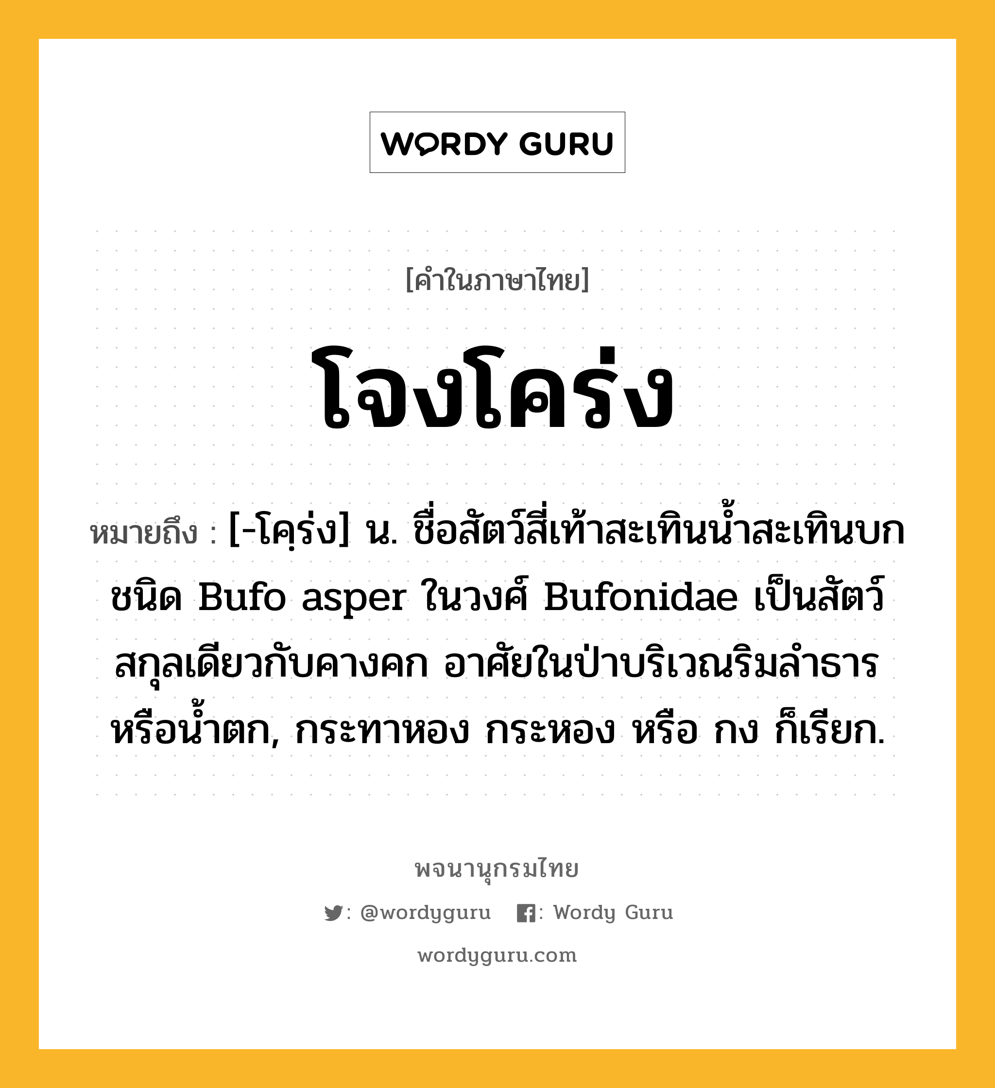 โจงโคร่ง ความหมาย หมายถึงอะไร?, คำในภาษาไทย โจงโคร่ง หมายถึง [-โคฺร่ง] น. ชื่อสัตว์สี่เท้าสะเทินนํ้าสะเทินบกชนิด Bufo asper ในวงศ์ Bufonidae เป็นสัตว์สกุลเดียวกับคางคก อาศัยในป่าบริเวณริมลําธารหรือน้ำตก, กระทาหอง กระหอง หรือ กง ก็เรียก.